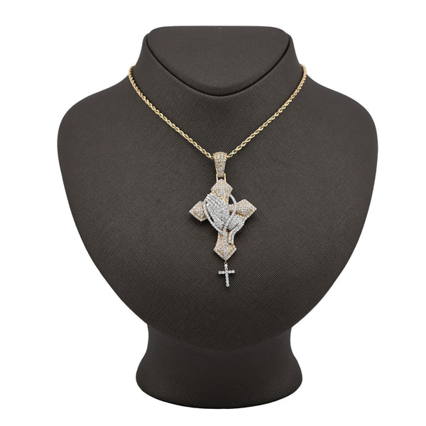 10k 2 - Tone Gold 21.7g 4.8CTW Lab Grown Diamond Praying Hand Cross Dangle Pendant - Elite Jewelers - Charms & Pendants