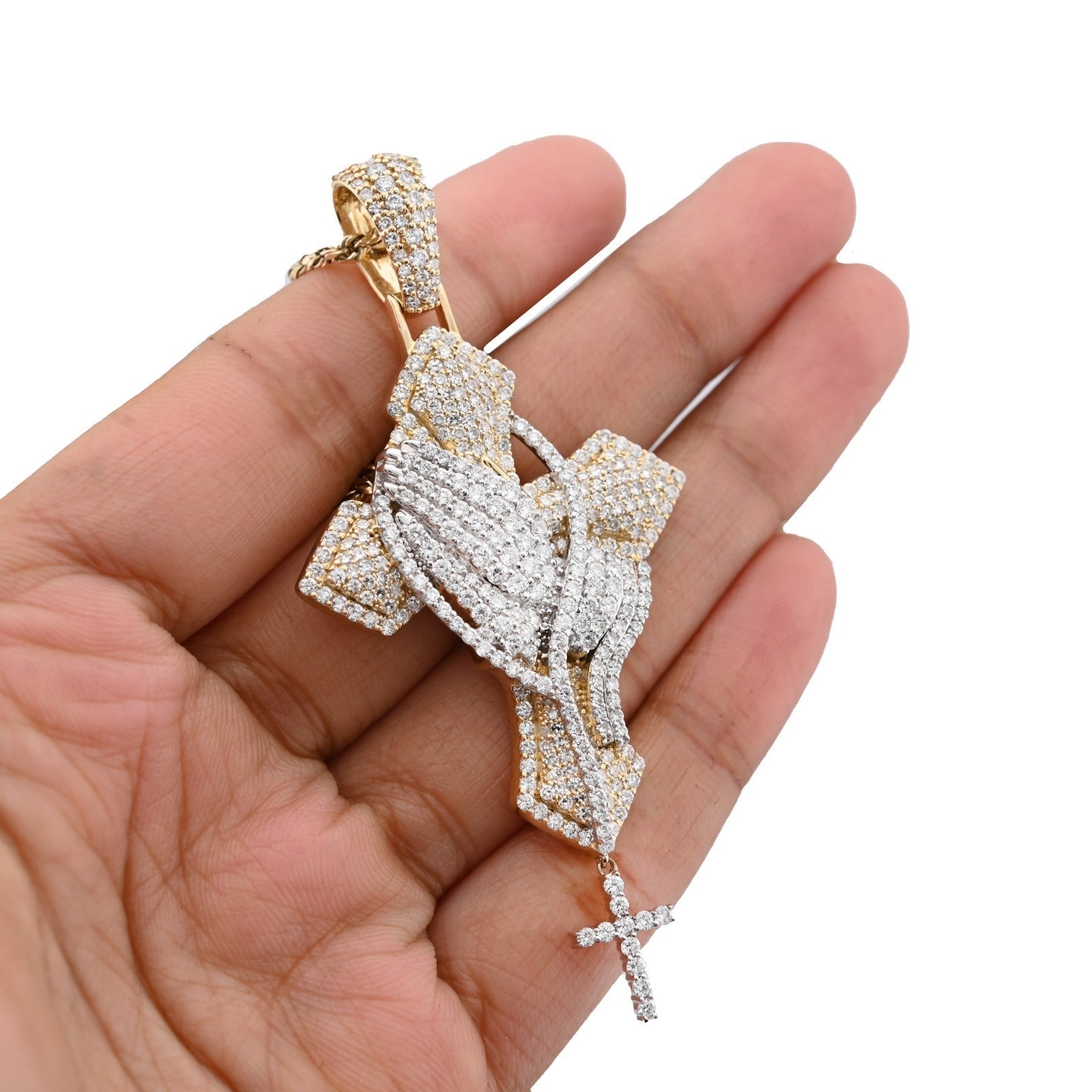 10k 2 - Tone Gold 21.7g 4.8CTW Lab Grown Diamond Praying Hand Cross Dangle Pendant - Elite Jewelers - Charms & Pendants
