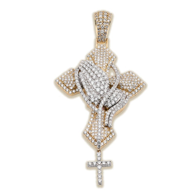 10k 2 - Tone Gold 21.7g 4.8CTW Lab Grown Diamond Praying Hand Cross Dangle Pendant - Elite Jewelers - Charms & Pendants