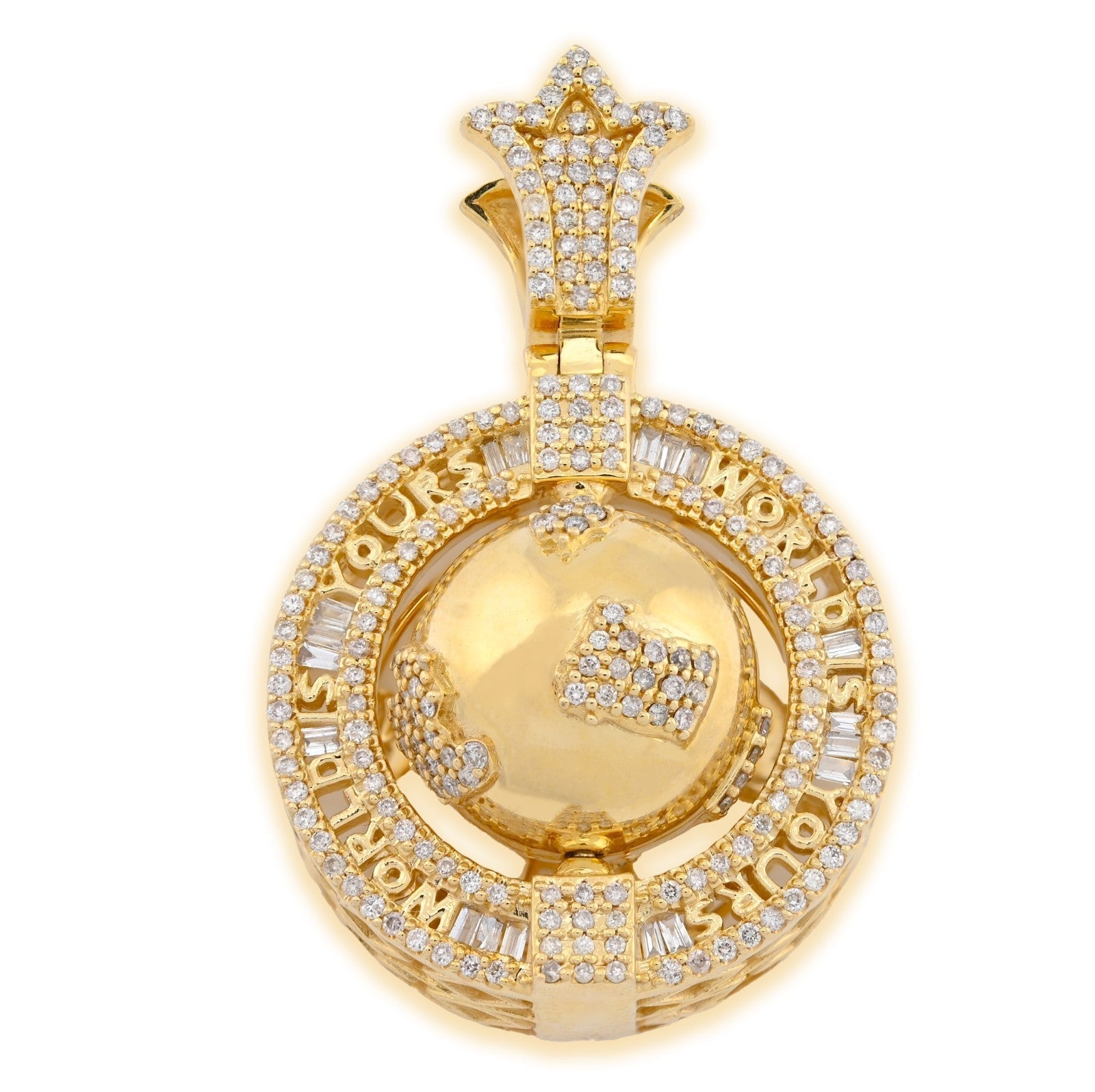 10k Gold 1.7 CTW Round/Baguette Diamond "World Is Yours" Rotating Globe Pendant - Elite Jewelers - Charms & Pendants
