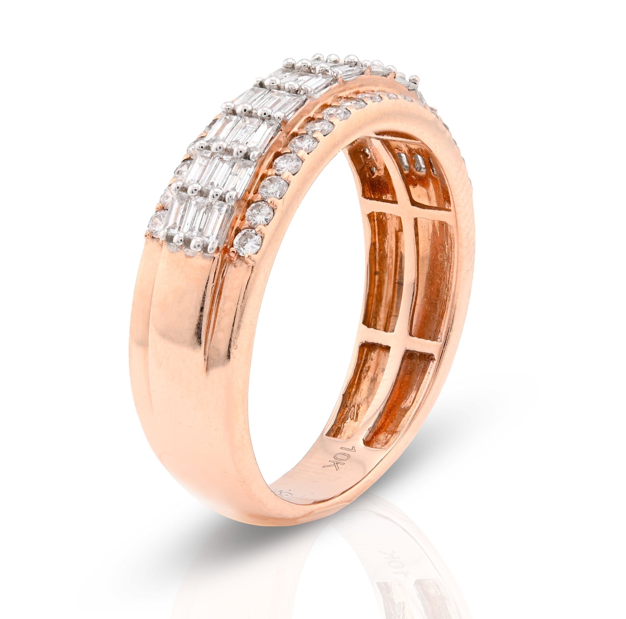 10K Rose Gold 0.90CT Round/Baguette Three Row Natural Diamond Men Ring - Elite Jewelers - Rings