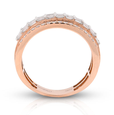 10K Rose Gold 0.90CT Round/Baguette Three Row Natural Diamond Men Ring - Elite Jewelers - Rings