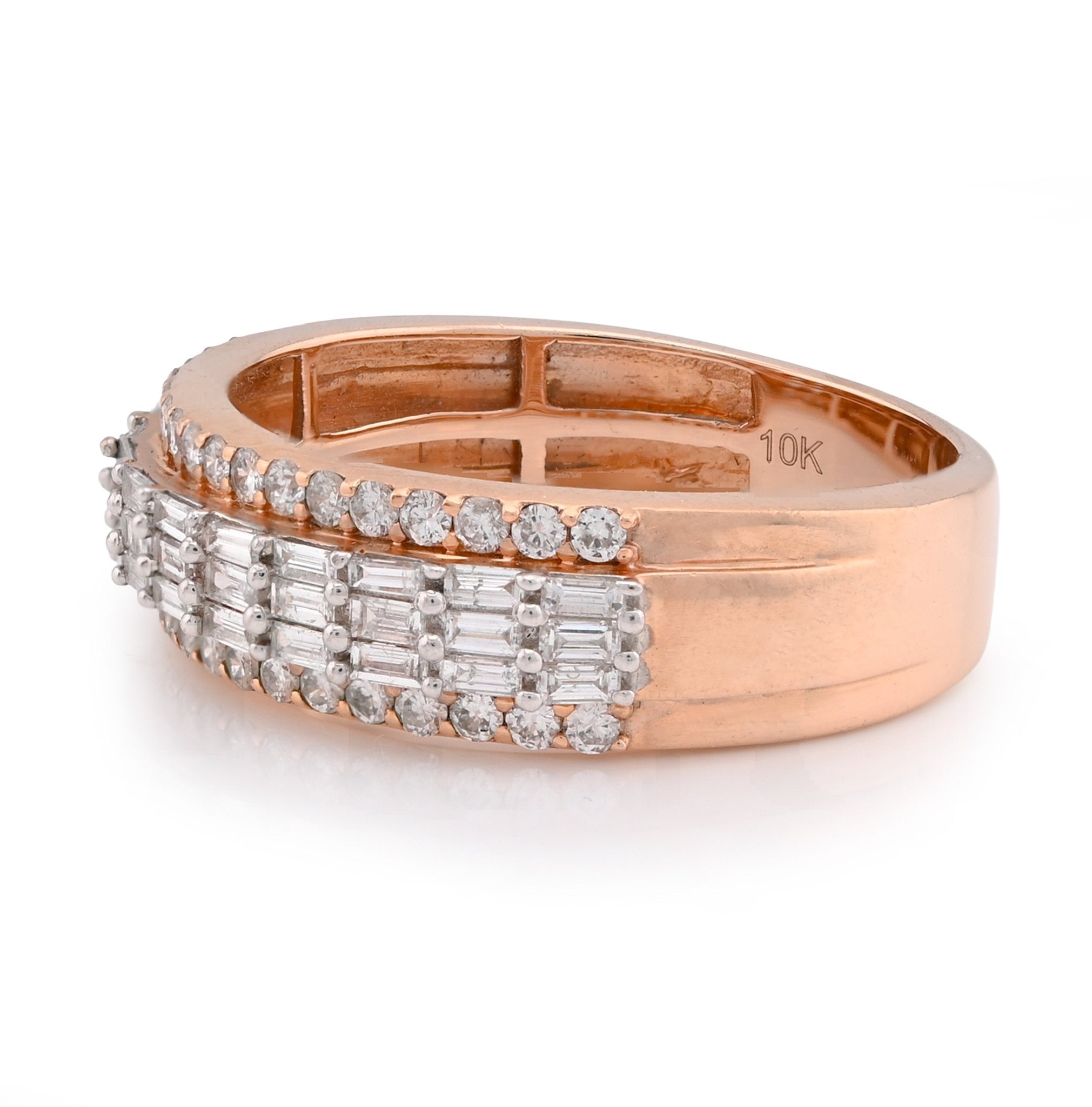 10K Rose Gold 0.90CT Round/Baguette Three Row Natural Diamond Men Ring - Elite Jewelers - Rings