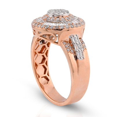 10K Rose Gold 1.25CT Round/Baguette Halo Flower Cluster Natural Diamond Men Pinky Ring - Elite Jewelers - Rings