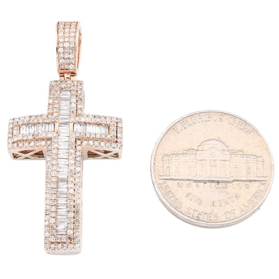 10k Rose Gold 2CTW Natural Round/Baguette Diamond ICED Cross Pendant 5.9g Charm - Elite Jewelers - Charms & Pendants