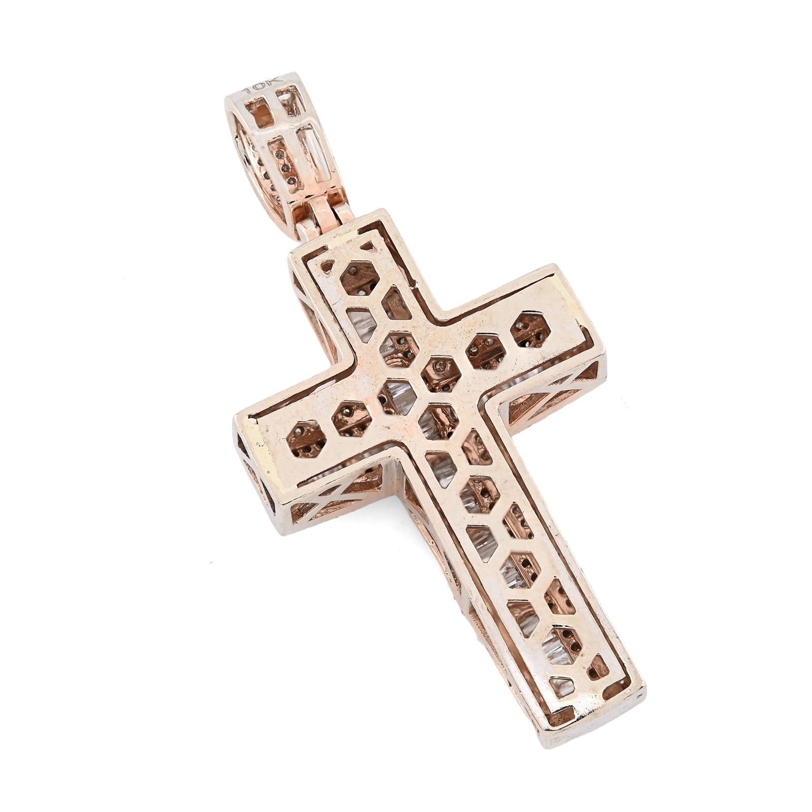 10k Rose Gold 2CTW Natural Round/Baguette Diamond ICED Cross Pendant 5.9g Charm - Elite Jewelers - Charms & Pendants