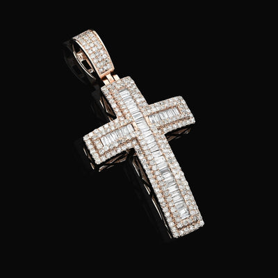 10k Rose Gold 2CTW Natural Round/Baguette Diamond ICED Cross Pendant 5.9g Charm - Elite Jewelers - Charms & Pendants