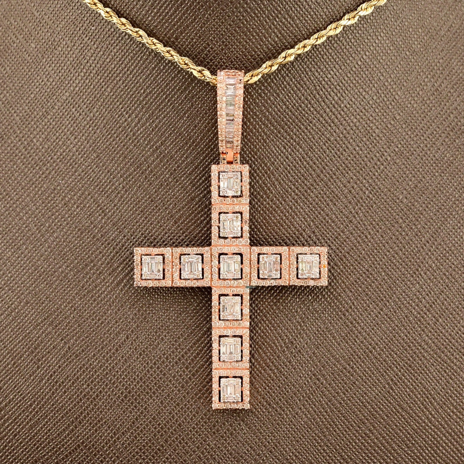 10k Rose Gold 4CTW Natural Round/Baguette Diamond Cross Charm Pendant 9.1gms - Elite Jewelers - Charms & Pendants
