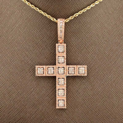 10k Rose Gold 4CTW Natural Round/Baguette Diamond Cross Charm Pendant 9.1gms - Elite Jewelers - Charms & Pendants