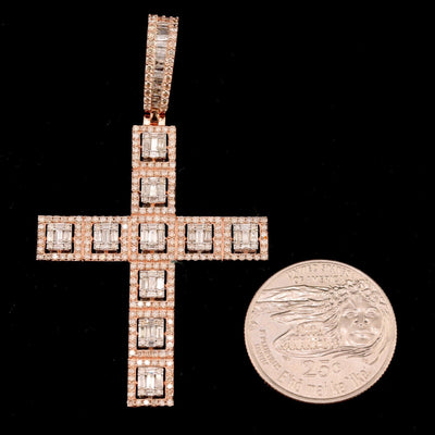 10k Rose Gold 4CTW Natural Round/Baguette Diamond Cross Charm Pendant 9.1gms - Elite Jewelers - Charms & Pendants