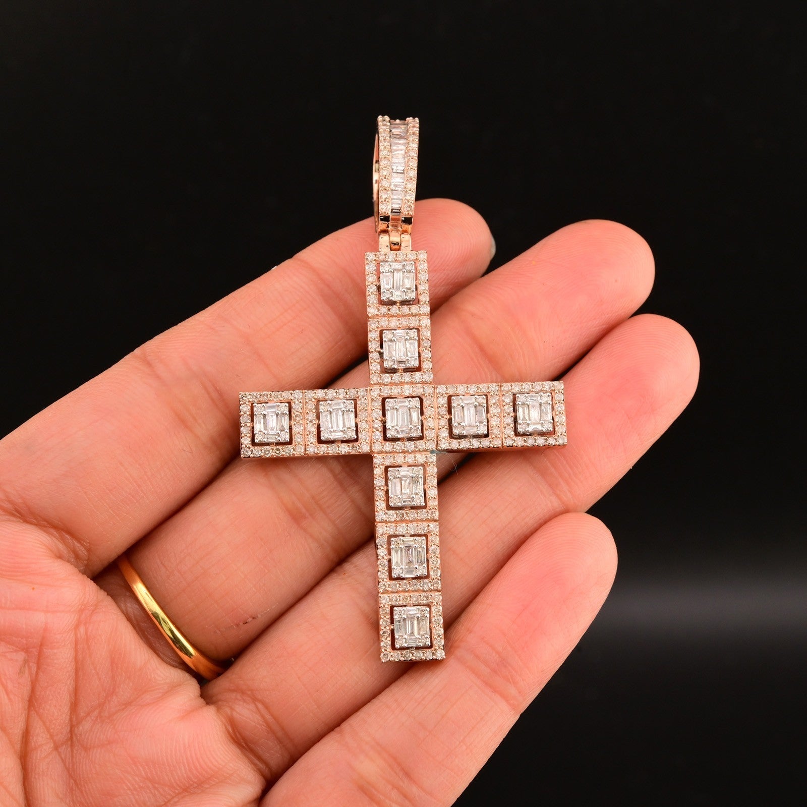 10k Rose Gold 4CTW Natural Round/Baguette Diamond Cross Charm Pendant 9.1gms - Elite Jewelers - Charms & Pendants