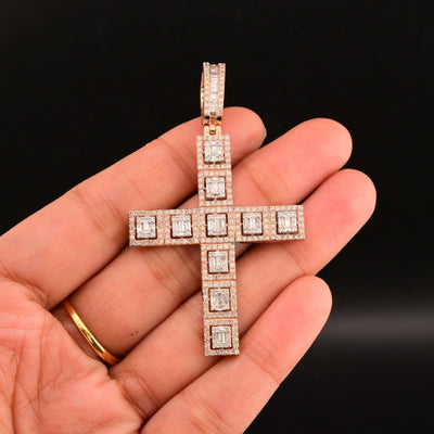 10k Rose Gold 4CTW Natural Round/Baguette Diamond Cross Charm Pendant 9.1gms - Elite Jewelers - Charms & Pendants