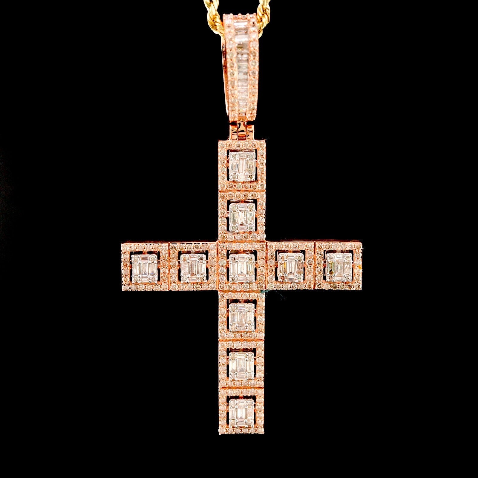 10k Rose Gold 4CTW Natural Round/Baguette Diamond Cross Charm Pendant 9.1gms - Elite Jewelers - Charms & Pendants