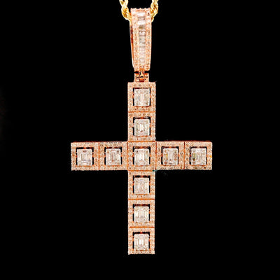 10k Rose Gold 4CTW Natural Round/Baguette Diamond Cross Charm Pendant 9.1gms - Elite Jewelers - Charms & Pendants