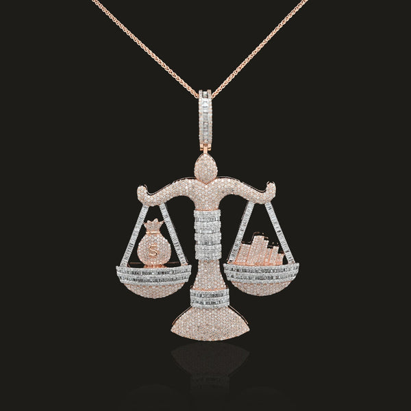 10k Rose Gold 5.17CTW Round/Baguette Diamond Libra Scale Justice Pendant 26.5gms - Elite Jewelers - Charms & Pendants