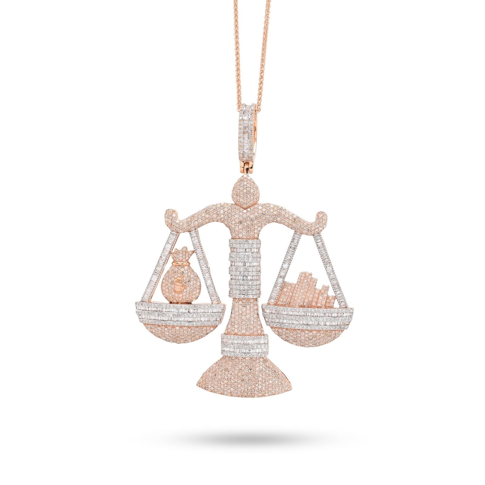 10k Rose Gold 5.17CTW Round/Baguette Diamond Libra Scale Justice Pendant 26.5gms - Elite Jewelers - Charms & Pendants