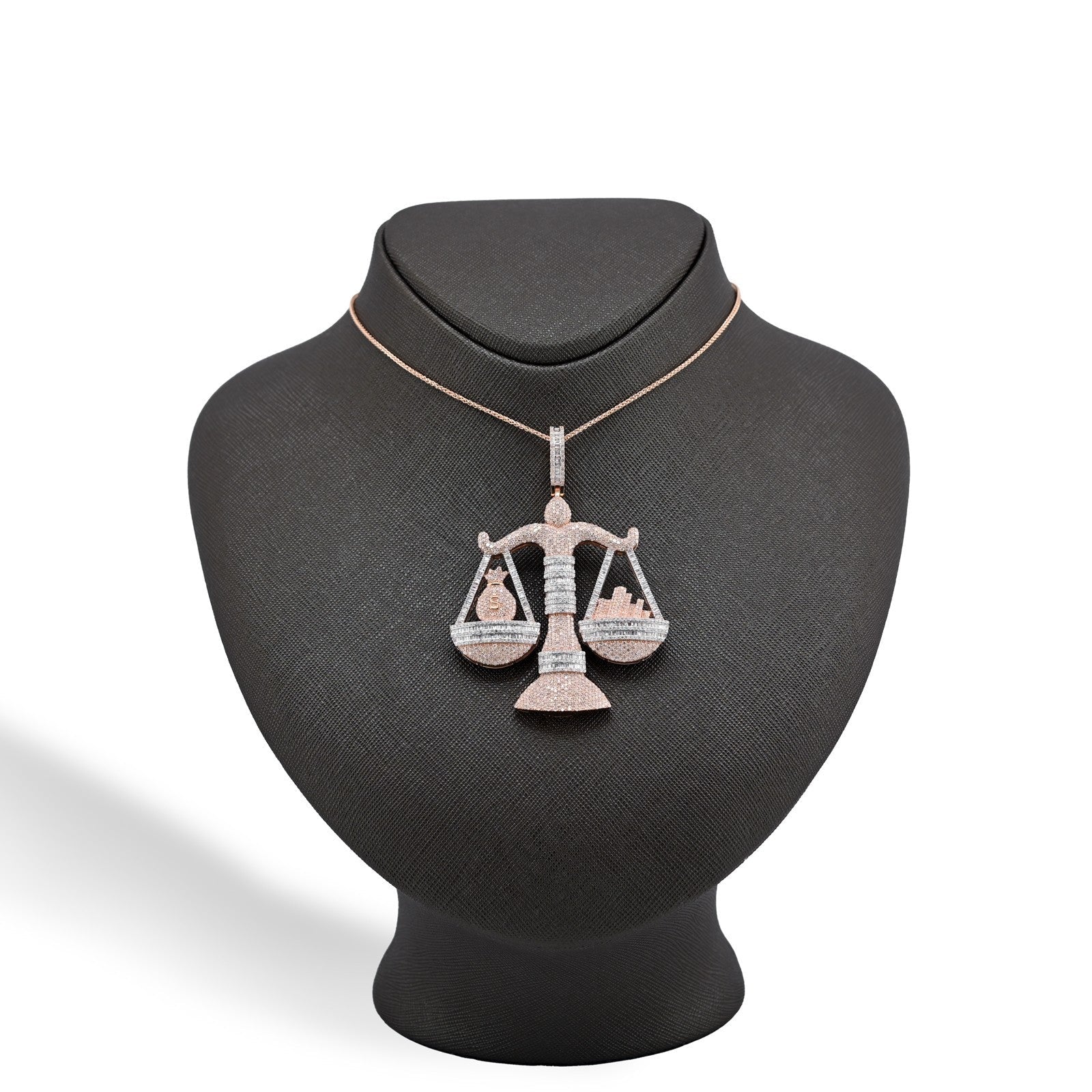 10k Rose Gold 5.17CTW Round/Baguette Diamond Libra Scale Justice Pendant 26.5gms - Elite Jewelers - Charms & Pendants