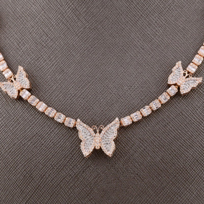 10k Rose Gold 5.48CT Baguette Diamond Butterfly Tennis Chain 25.4g 18In Necklace - Elite Jewelers - Necklaces & Chains