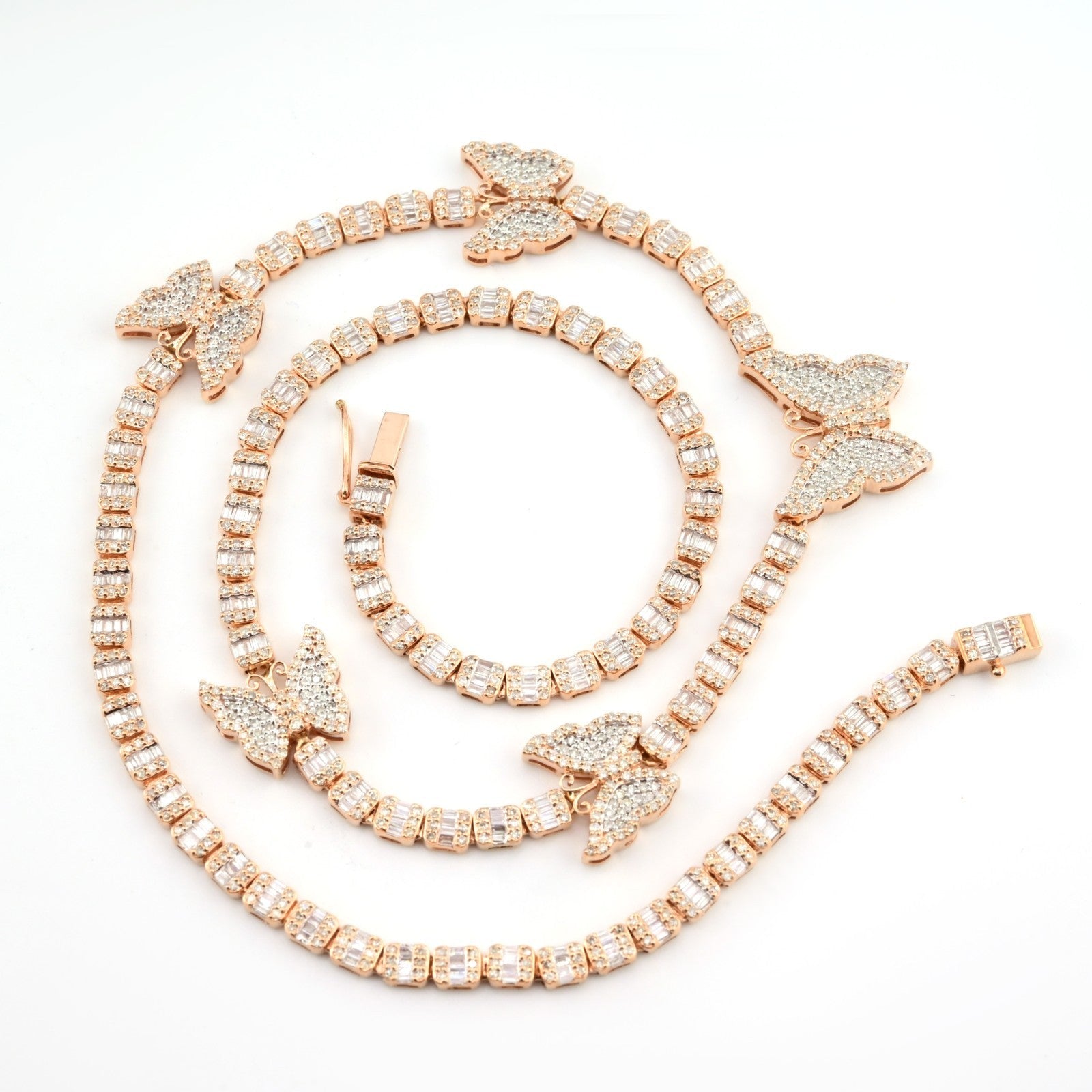 10k Rose Gold 5.48CT Baguette Diamond Butterfly Tennis Chain 25.4g 18In Necklace - Elite Jewelers - Necklaces & Chains