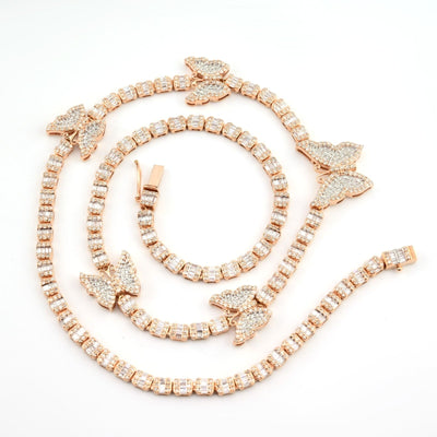 10k Rose Gold 5.48CT Baguette Diamond Butterfly Tennis Chain 25.4g 18In Necklace - Elite Jewelers - Necklaces & Chains