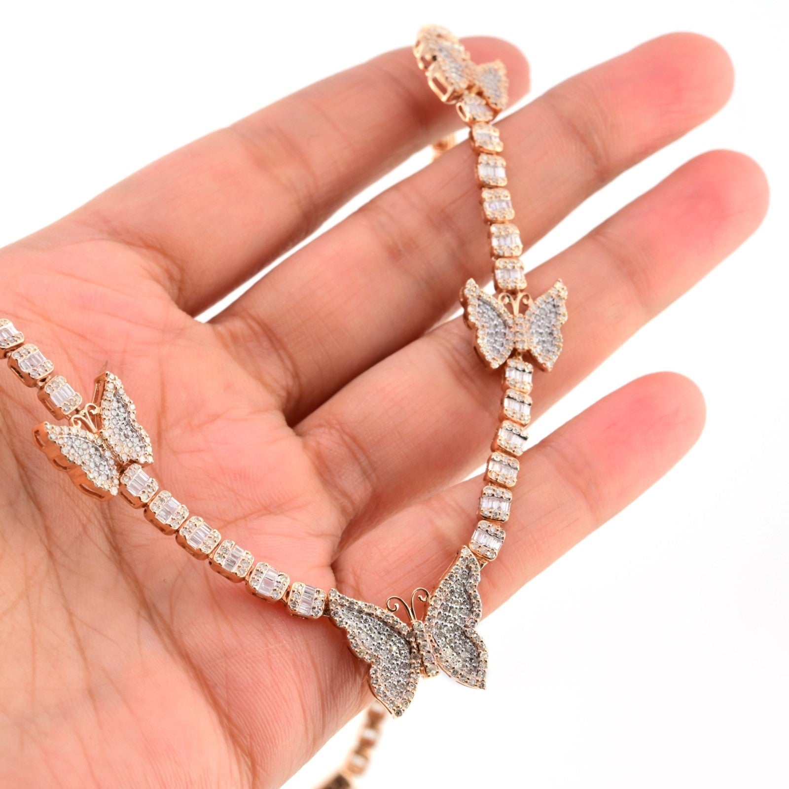 10k Rose Gold 5.48CT Baguette Diamond Butterfly Tennis Chain 25.4g 18In Necklace - Elite Jewelers - Necklaces & Chains