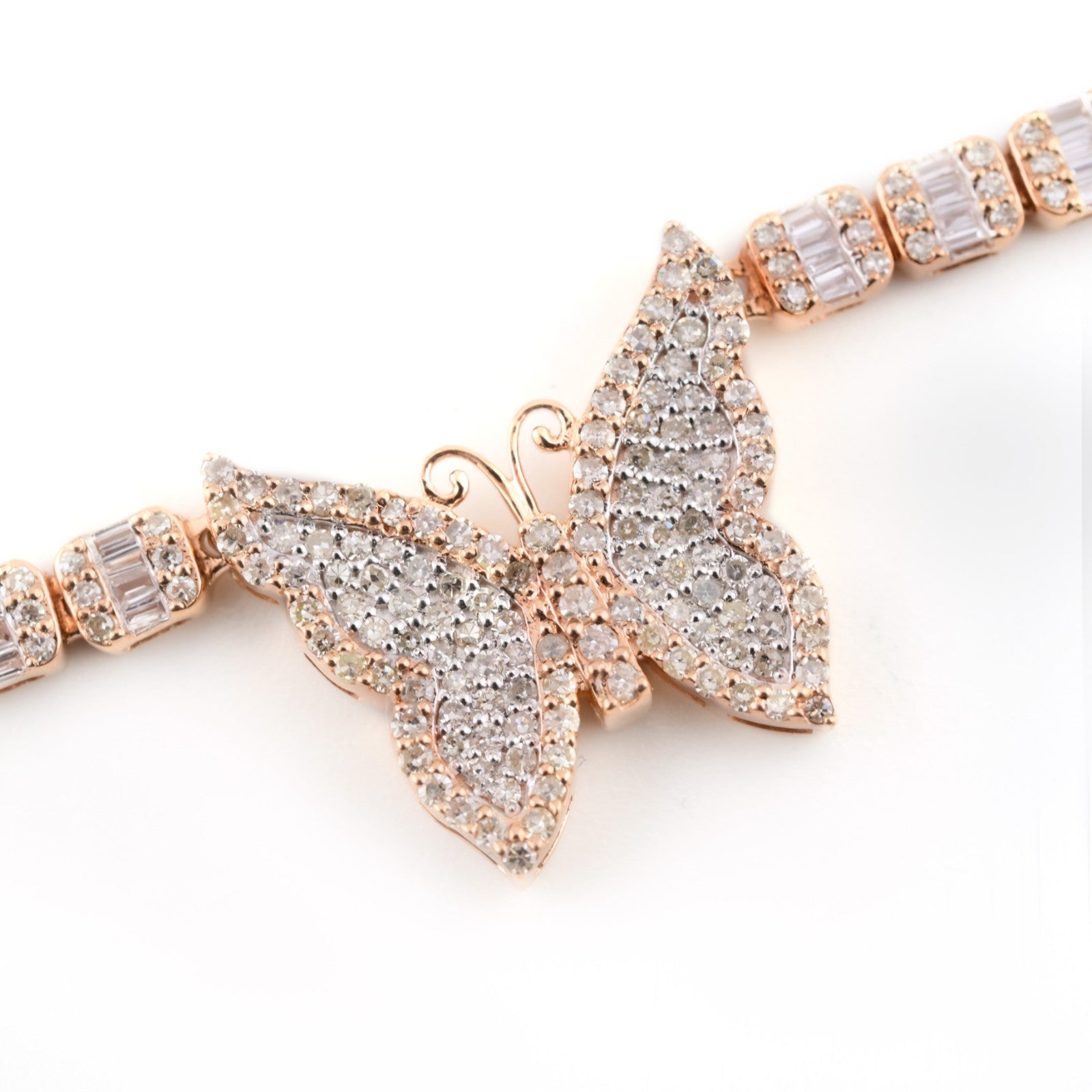 10k Rose Gold 5.48CT Baguette Diamond Butterfly Tennis Chain 25.4g 18In Necklace - Elite Jewelers - Necklaces & Chains