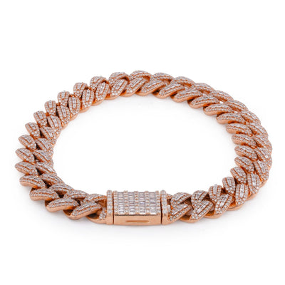 10K Rose Gold 5.73CT Natural Diamond Centre Baguette Cuban Link Men 10MM Bracelet 8" - Elite Jewelers-Bracelets