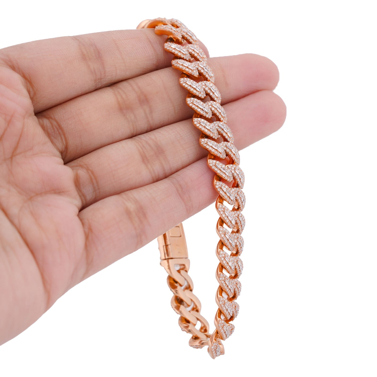 10K Rose Gold 5.73CT Natural Diamond Centre Baguette Cuban Link Men 10MM Bracelet 8" - Elite Jewelers-Bracelets