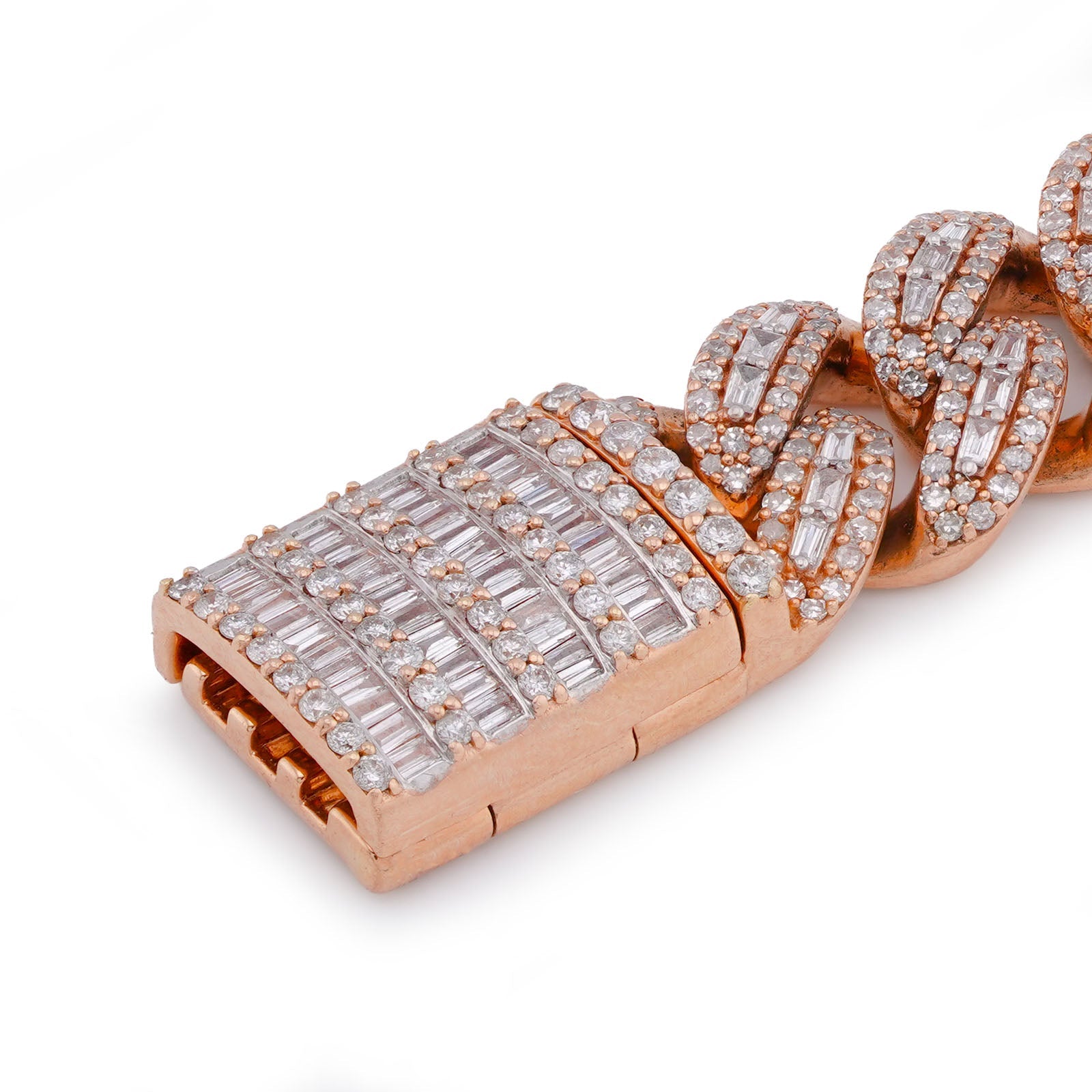 10K Rose Gold 5.73CT Natural Diamond Centre Baguette Cuban Link Men 10MM Bracelet 8" - Elite Jewelers-Bracelets