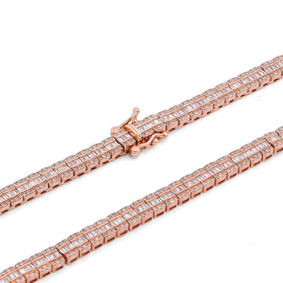 10K Rose Gold 6.01CT Natural Diamond Natural Diamond Baguette Centre Row 4MM Tennis Chain 22" Men Women Necklace - Elite Jewelers-Necklaces