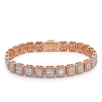 10K Rose Gold 7.57CT Natural Hexagon Link Baguette/Round Diamond 8.5MM Men Bracelet 8" - Elite Jewelers-Bracelets