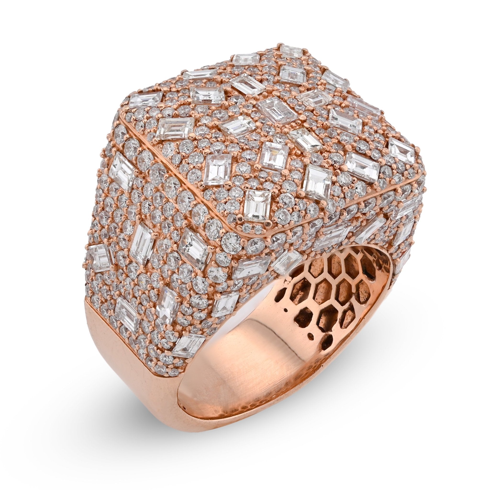 10K Rose Gold 7.85CT Round/Emerald Natural Diamond Square Side Iced Men Pinky Ring - Elite Jewelers - Rings