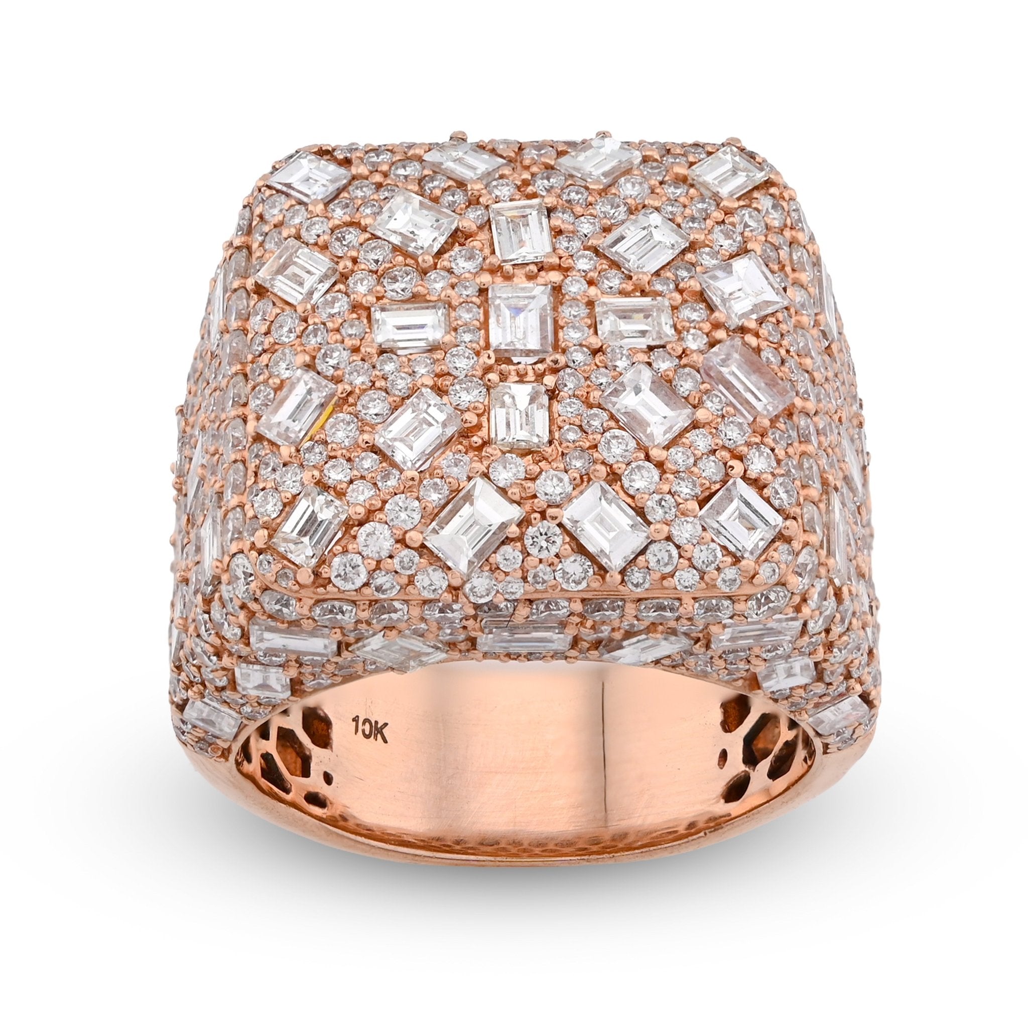 10K Rose Gold 7.85CT Round/Emerald Natural Diamond Square Side Iced Men Pinky Ring - Elite Jewelers - Rings