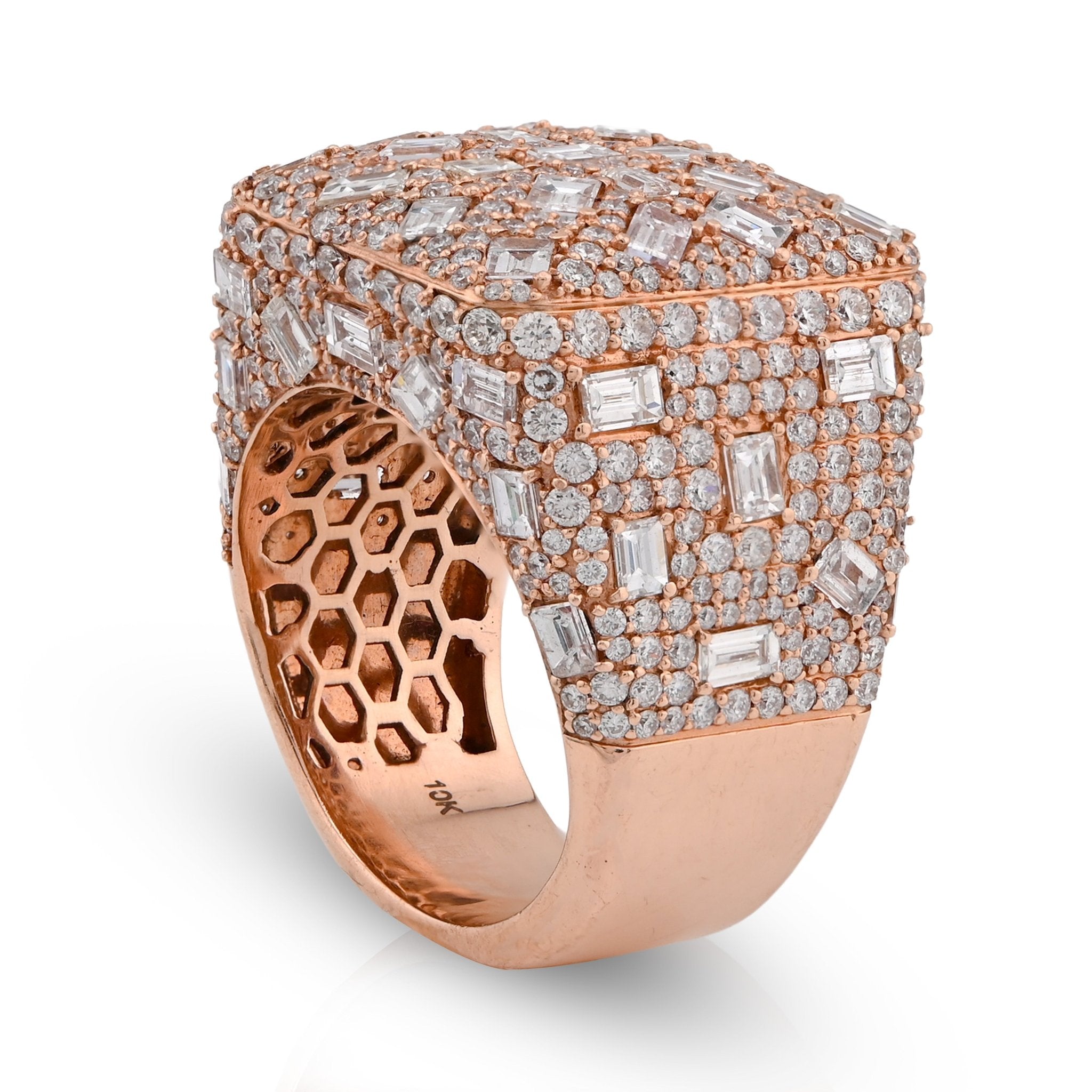 10K Rose Gold 7.85CT Round/Emerald Natural Diamond Square Side Iced Men Pinky Ring - Elite Jewelers - Rings