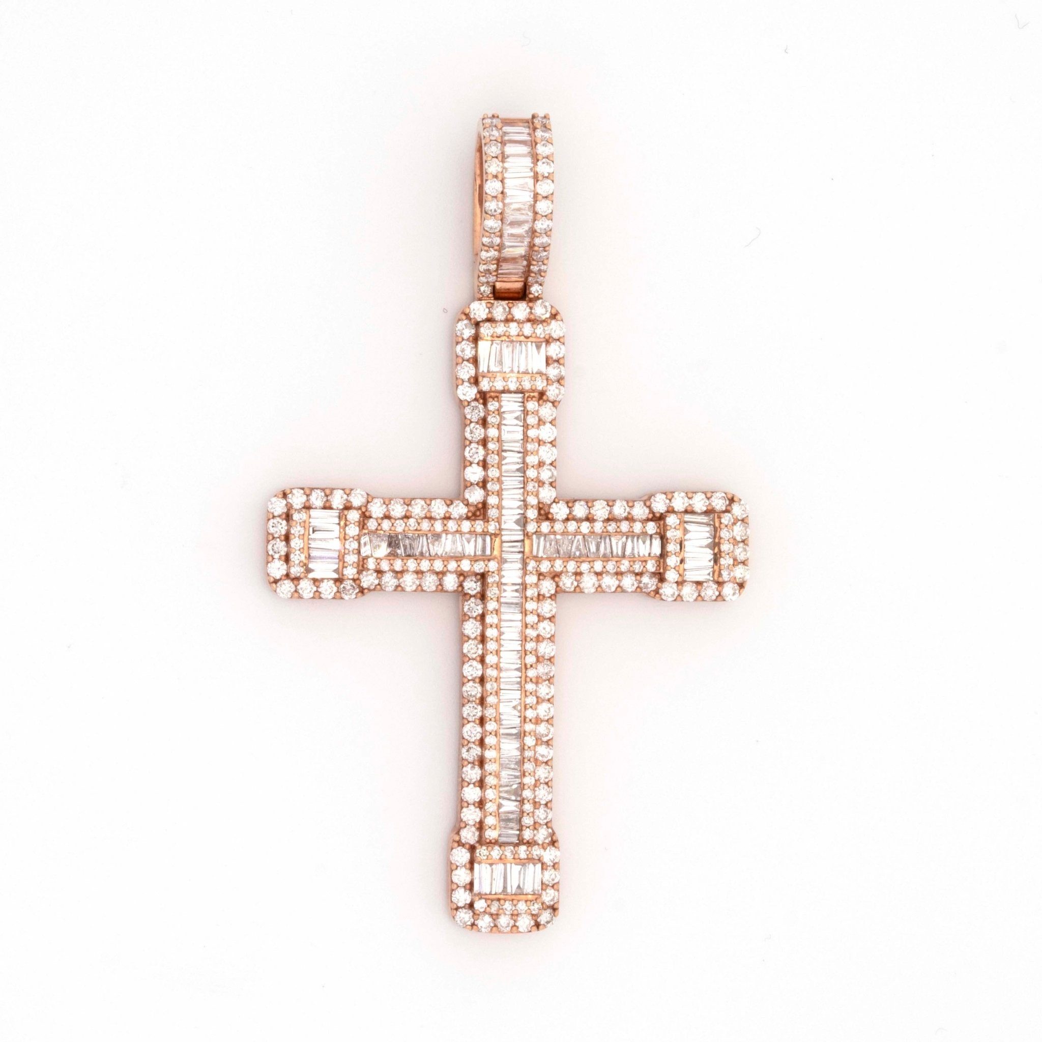 10K Rose Gold Baguette & Round Diamond 3.91CT Cross Pendant - Elite Jewelers - Charms & Pendants