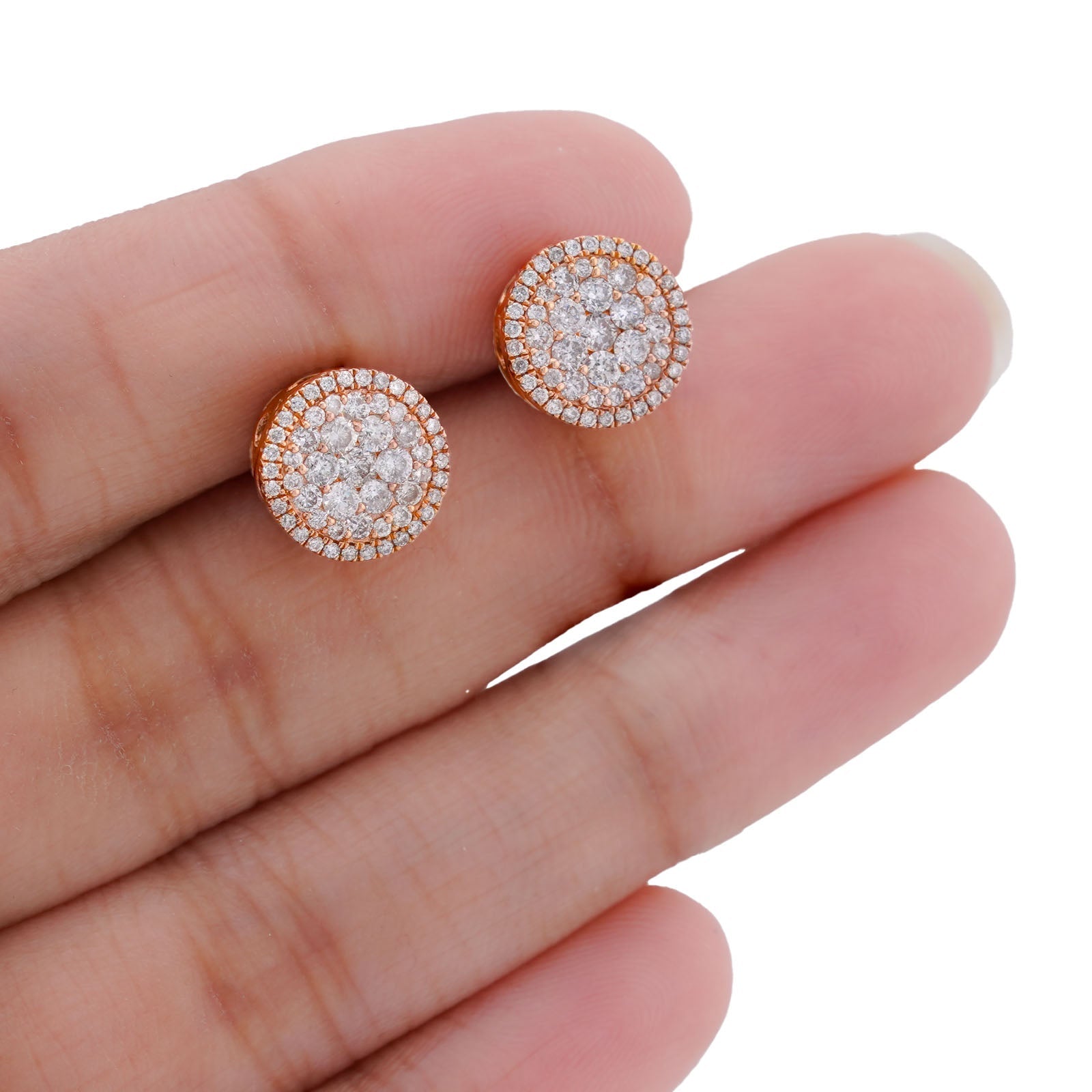 10K Rose Gold Halo Flower Cluster 0.95CT Natural Diamond Men Women Earrings - Elite Jewelers-Earrings