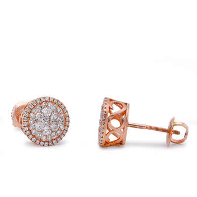 10K Rose Gold Halo Flower Cluster 0.95CT Natural Diamond Men Women Earrings - Elite Jewelers-Earrings