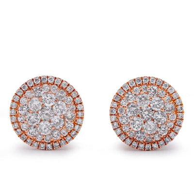 10K Rose Gold Halo Flower Cluster 0.95CT Natural Diamond Men Women Earrings - Elite Jewelers-Earrings