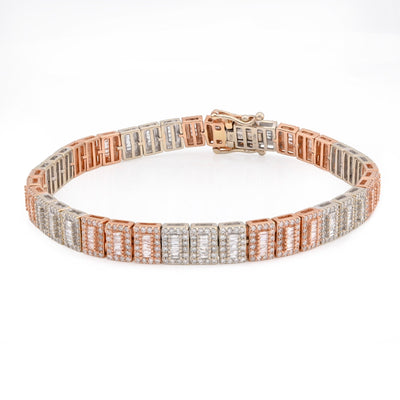 10K Rose/White Gold 2 Tone 4.77CT Natural Baguette/Round Diamond 7MM 8" Tennis Bracelet 23.7g - Elite Jewelers - Bracelets