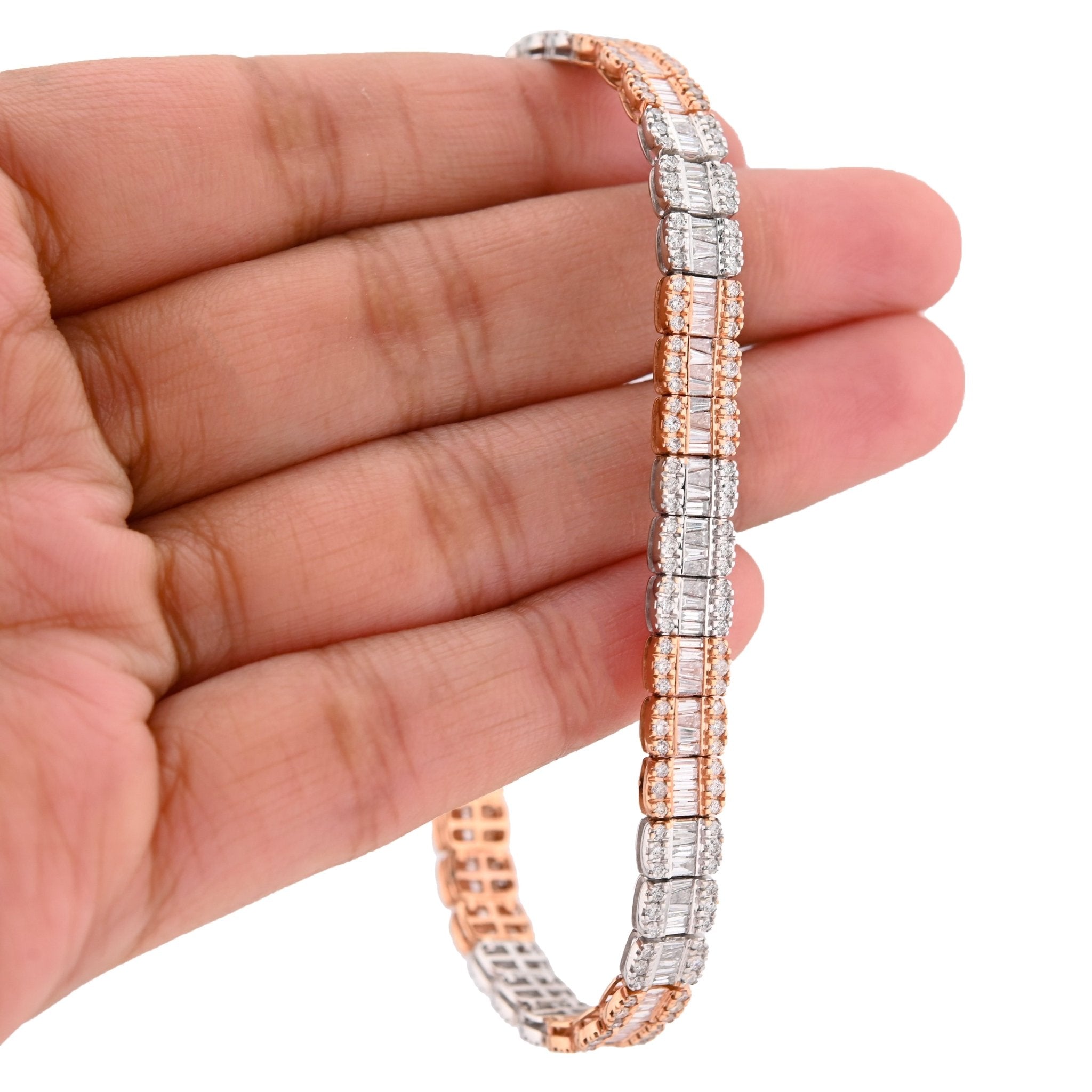 10K Rose/White Gold 2 Tone 5.50 Ct Natural Diamond Baguette/Round 8" Single Row Tennis Bracelet- Elite Jewelers - Bracelets