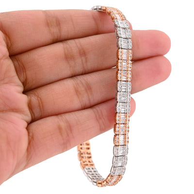 10K Rose/White Gold 2 Tone 5.50 Ct Natural Diamond Baguette/Round 8" Single Row Tennis Bracelet- Elite Jewelers - Bracelets
