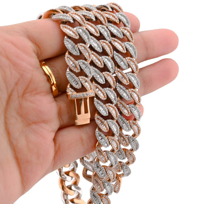 10K Rose/White Gold 21.48CT Natural Round/Baguette Diamond 22" Cuban Link Chain 12MM Necklace - Elite Jewelers - Necklaces