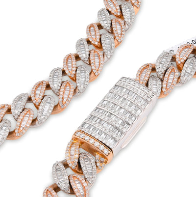 10K Rose/White Gold 21.48CT Natural Round/Baguette Diamond 22" Cuban Link Chain 12MM Necklace - Elite Jewelers - Necklaces