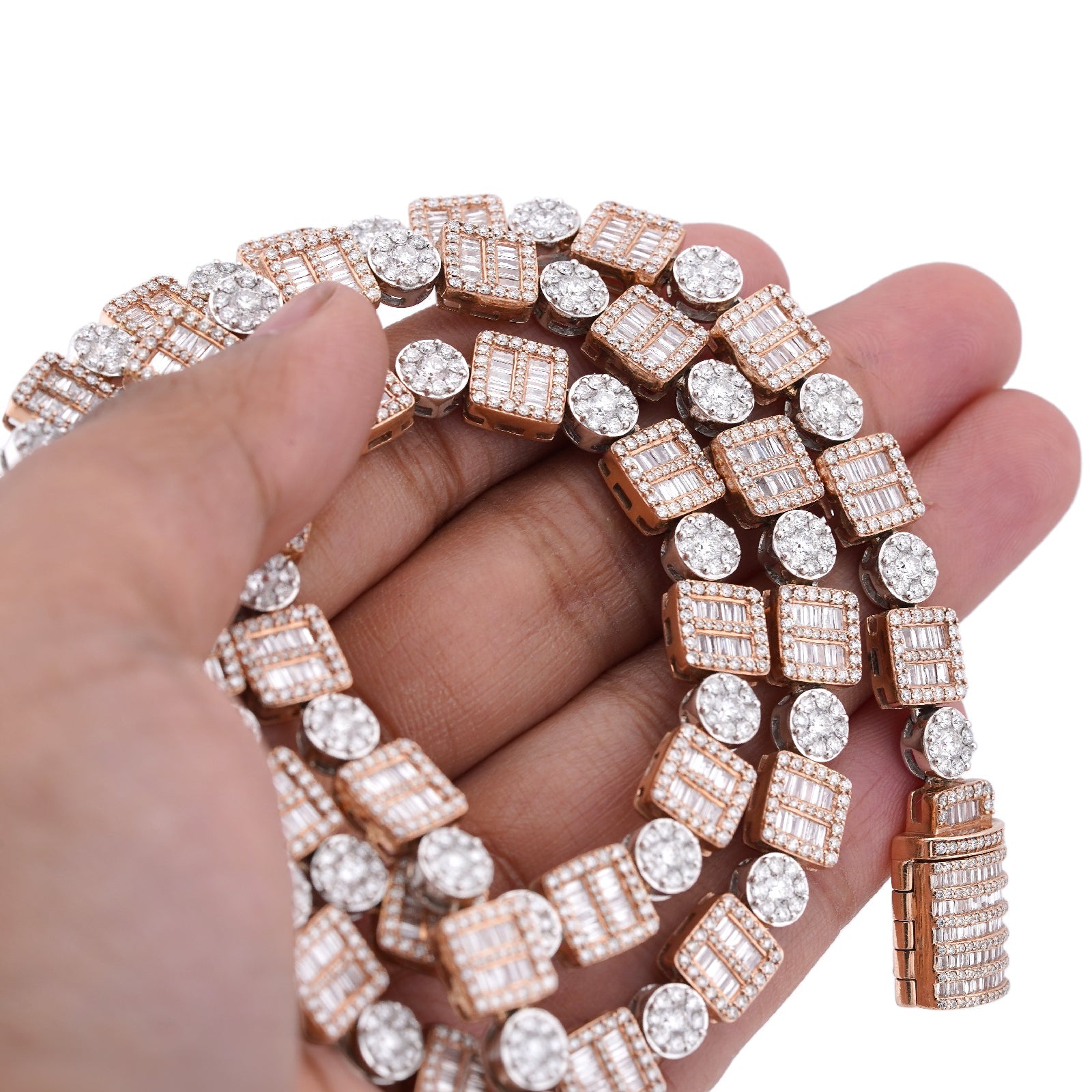 10K Rose/White Gold Square Round Link Natural Round/Baguette Diamond Men Women Tennis Chain - Elite Jewelers-Necklaces