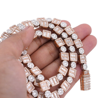 10K Rose/White Gold Square Round Link Natural Round/Baguette Diamond Men Women Tennis Chain - Elite Jewelers-Necklaces