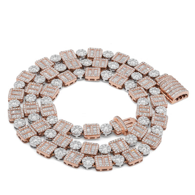 10K Rose/White Gold Square Round Link Natural Round/Baguette Diamond Men Women Tennis Chain - Elite Jewelers-Necklaces