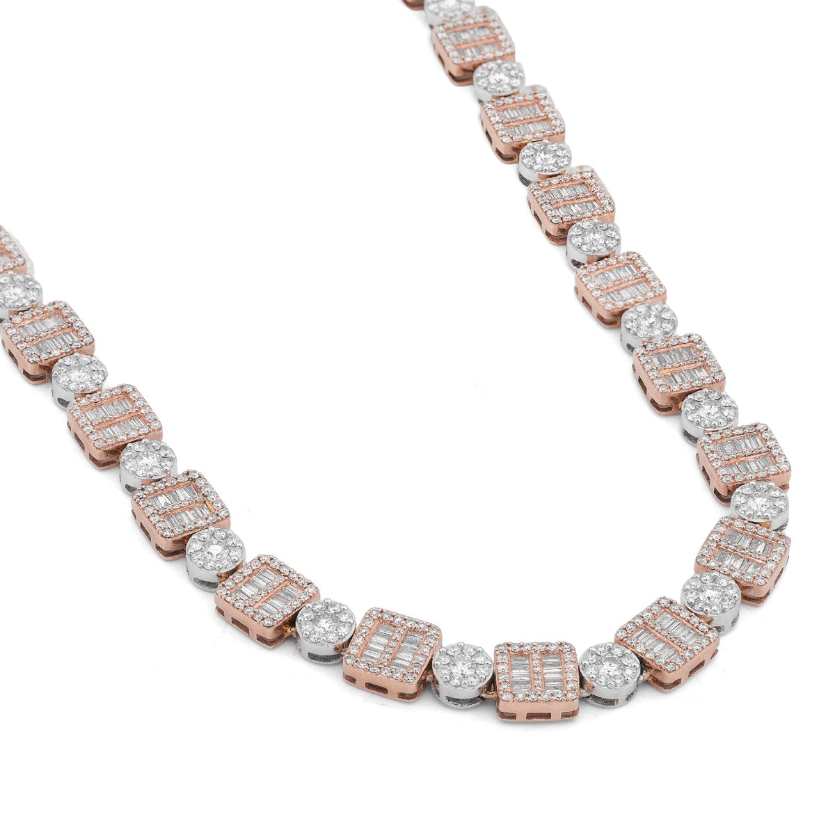 10K Rose/White Gold Square Round Link Natural Round/Baguette Diamond Men Women Tennis Chain - Elite Jewelers-Necklaces