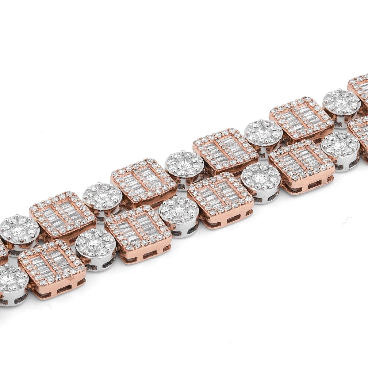 10K Rose/White Gold Square Round Link Natural Round/Baguette Diamond Men Women Tennis Chain - Elite Jewelers-Necklaces
