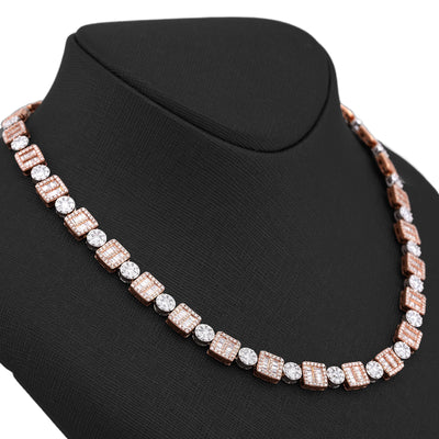 10K Rose/White Gold Square Round Link Natural Round/Baguette Diamond Men Women Tennis Chain - Elite Jewelers-Necklaces