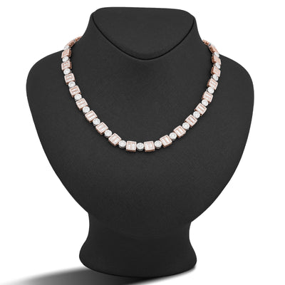 10K Rose/White Gold Square Round Link Natural Round/Baguette Diamond Men Women Tennis Chain - Elite Jewelers-Necklaces